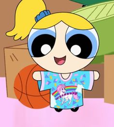 the powerpuff character is holding a basketball in front of her face and wearing a t - shirt with an unicorn on it