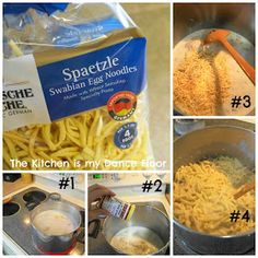 four pictures show how to make spaghetti in the kitchen, including instructions on how to cook it