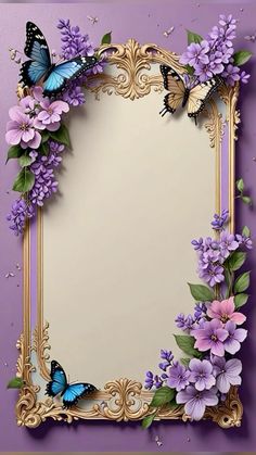 an ornate frame with purple flowers and butterflies