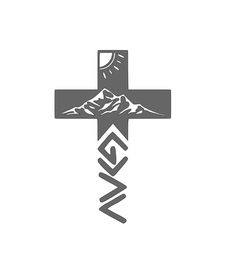 a cross with mountains in the background and an ew logo above it on a white background