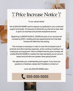 Minerva Beauty | How to Write & Share a Salon Price Increase Notice Salon Price Increase Notice, Price Increase Notice, Hairstylist Marketing, Hair Salon Prices, Branding Workshop, Hair Salon Quotes, House Cleaning Company, Minerva Beauty, Small Business Tax