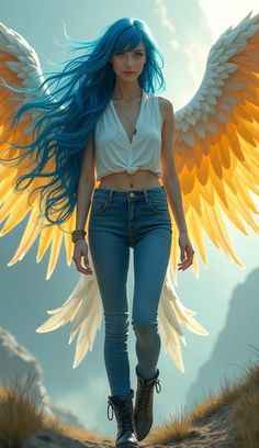 a woman with blue hair and angel wings walking down a dirt road in front of mountains