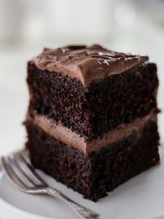 a piece of chocolate cake on a plate with a fork