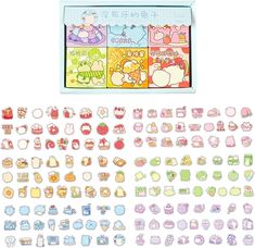 an assortment of stickers and magnets with hello kitty characters on them in a box