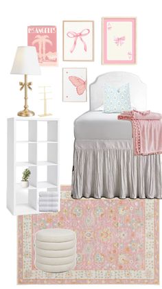 a bedroom with pink and white decor on the walls, bedding and rugs