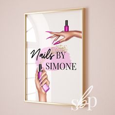 there is a poster on the wall that says nails by simone with pink nail polish