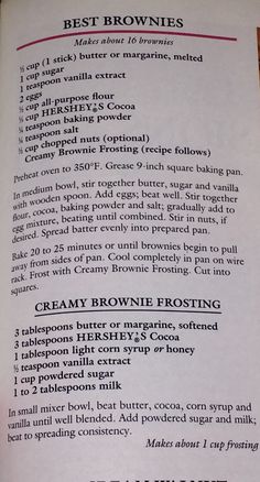 an open recipe book showing ingredients for brownie frosting