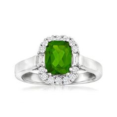 Ross-Simons - 1.50ct Chrome Diopside, .25ct t. w. Diamond Ring Emerald Cut in 14kt White Gold. Size 6. This glamorous ring is the perfect opportunity to introduce a refreshing green hue into your wardrobe. It features a deeply saturated 1.50 carat rectangular cushion-cut chrome diopside inside a shimmering halo of .25 ct. t. w. round brilliant-cut diamonds. Crafted in 14kt white gold. 1/2" wide. Diamond and chrome diopside ring. Diamond Ring Emerald Cut, Diamond Ring Emerald, Chrome Diopside Ring, Ring Emerald Cut, Rectangular Cushion, Emerald Cut Diamond Ring, Ring Emerald, Round Brilliant Cut Diamond, Cushion Cut