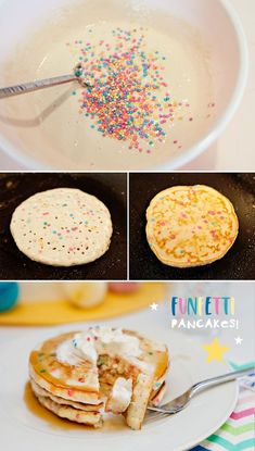 pancakes with sprinkles are being made and then put in the pancake batter