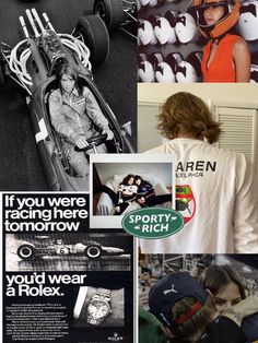 an advertisement for the rolex company is shown in this collage with images of people and cars