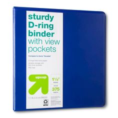 a blue binder with the words study binder with view pockets on it's side