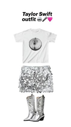 a t - shirt, skirt and boots are shown with the words taylor swift outfit