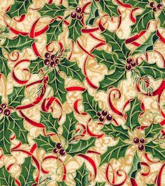 an image of christmas holly leaves and berries on green, red and white background with gold trimmings