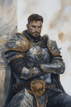 Zephyrn Vaistra stands tall with a robust build and sun-kissed skin marked by a constellation of faint scars. His short-cropped, chestnut hair contrasts with the deep azure of his eyes, which are framed by heavy brows. He wears polished steel plate armor adorned with golden filigree, reflecting light in sharp angles. Around his neck hangs a large, round pendant of dark obsidian, etched with the sy... Paladin Dnd, Human Paladin, Werewolf Drawing, Plate Armor, Skin Marks, Dungeons And Dragons Classes, Reflecting Light