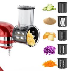 several different types of vegetables being processed in a juicer with the attachments removed