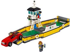 a lego boat with a red car in front of it and a man standing on the deck