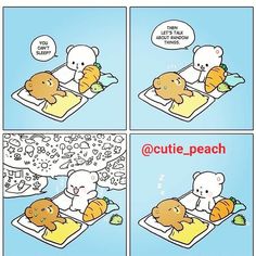 a comic strip with teddy bears eating carrots