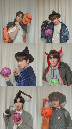 four pictures of boys in halloween costumes holding pumpkins and wearing devil hats with horns