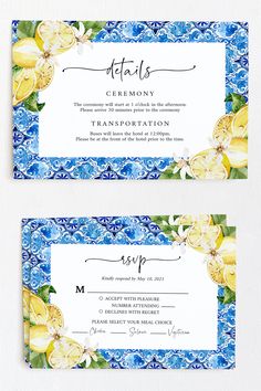 Positano Blue Tile Lemons Wedding Invitation set, Mediterranean Wedding Suite Amalfi Coast Wedding Invitation Template, Italy Wedding W13 Lemon Wedding Invitations, Tuscan Wedding