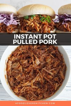 instant pot pulled pork in a bowl with three buns