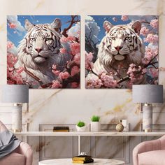 two paintings of white tigers in a cherry blossom tree with pink flowers on the wall