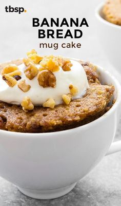 banana bread mug cake in a white bowl