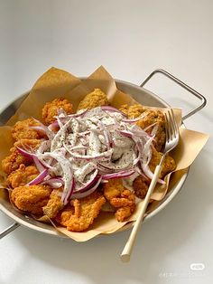 a white plate topped with fried food next to a fork