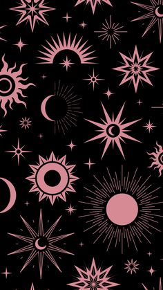 the sun, moon and stars are all in pink on black background for wallpaper