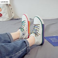 SPECIFICATIONS Brand Name: LEOSOXS Upper Material: Canvas Heel Height: Med (3cm-5cm) Fashion Element: Sewing Pattern Type: Mixed Colors Department Name: Adult Lining Material: Canvas Insole Material: Fabric Season: Spring/Autumn Closure Type: Lace-up Fit: Fits true to size, take your normal size Women High Top Sneakers, Rainbow Pride Flag, Pride Shoes, Rainbow Laces, Rainbow Sneakers, Rainbow Shoes, Rainbow Flag Pride, Streetwear Shop, Pride Parade