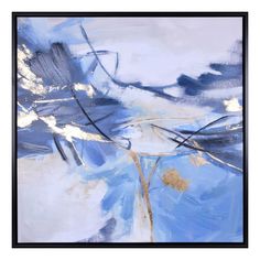 an abstract painting with blue and gold colors