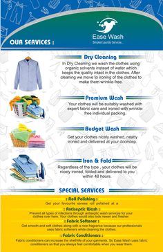 a flyer for cleaning services with images of clothes and other items on it, including the words