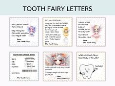 four tooth fairy cards with the words,'tooth fairy letters'and an image of a