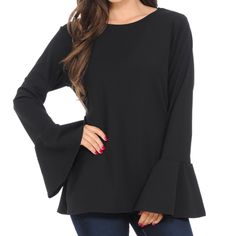 Top-0915 Black Bell Sleeve Tunic Color: Black 95% Polyester 5% Spandex Hand Wash, Hang Dry Made In Usa Small 0-4 Medium 6-8 Large 10-12 X-Large 12-14 Chest: S:17.5 M:18 L:18.5 Xl:19 Length: S:26 M:27 L:28 Xl:29 Stretch Elastane Solid Color Blouse, Casual Elastane Blouse For Fall, Stretch Bell Sleeve Tops For Fall, Fall Stretch Tops With Bell Sleeves, Fall Elastane Blouse, Black Bell Sleeve Tops For Spring, Elegant Black Bell Sleeve Tops, Tops Black, Bell Sleeve