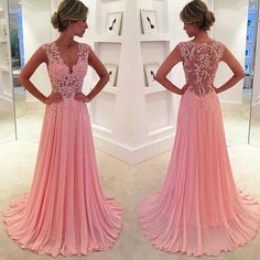 Pink Evening Gowns, Sweep Train Prom Dress, Muslim Evening Dresses, Prom Dresses 2016, Prom Dresses Long Lace, Pink Evening Dress, Prom Girl Dresses, V Neck Prom Dresses, Pink Prom Dress