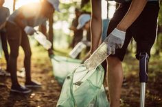 the people are picking up trash in the woods