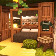 a minecraft bedroom with a bed, stool and table in the room that is made out of wood