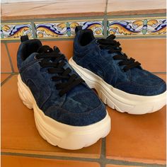 Denim Sneakers Very Comfortable Never Worn. Has A 2-1/2 Inch Heel. Adidas Pure Boost, Denim Sneakers, Pattern Shoes, Nike Air Max Thea, Christian Louboutin Women, Vans Slip On, Knit Sneakers, Nike Flex, Dc Shoes