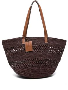 brown raffia woven raffia design perforated detailing leather shoulder straps open top logo charm main compartment internal patch pocket internal logo patch Luxury Brown Crochet Bag For Shopping, Brown Woven Leather Straw Bag For Shopping, Luxury Leather Crochet Bag With Leather Handles, Luxury Crochet Leather Bag With Leather Handles, Elegant Brown Leather Crochet Bag, Designer Brown Bags For Vacation, Designer Woven Leather Beach Bag, Designer Woven Shoulder Bag For Vacation, Designer Brown Shoulder Bag For Vacation