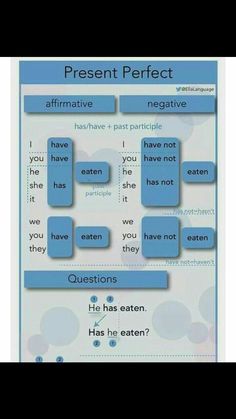 a poster with words and pictures on it that say present perfect, negative or negative