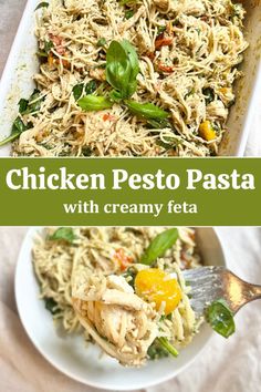 chicken pesto pasta with creamy feta in a casserole dish on a white plate