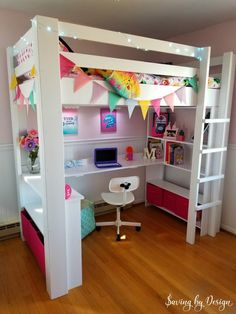 a loft bed with desk underneath it in a child's bedroom or playroom