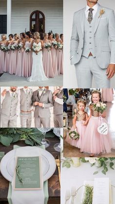 a collage of photos with different people dressed in formal wear and flowers on the table