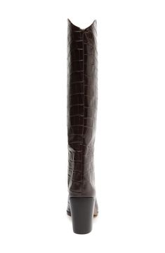 A pointy toe adds fresh dimension to a knee-high boot crafted from embossed leather. 3" heel (size 8.5) 16" shaft; 15" calf circumference Leather upper/synthetic lining/leather sole Made in Brazil Heel Tall Boots, Pointy Toe Boots, Brazil Women, Leather Style, Nubuck Leather, Tall Boots, Women Style, Embossed Leather, Knee High Boots