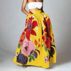 Long Yellow Skirt, Yellow Flower Skirt, Skirt With Flowers, Bohemian Maxi Skirt, Maxi Skirts Summer, Floral Print Maxi Skirt, Floral Bustier, High Waisted Maxi Skirt, Summer Dresses For Wedding Guest