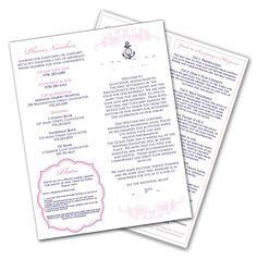 the wedding program is shown in pink and white