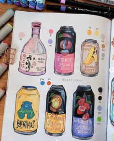 an open book with drawings and markers on the pages showing various types of drinks in jars