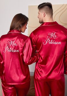 Groom and Bride Satin Pajamas, Mr and Mrs Pjs, Hubby and Wifey pajamas, Honeymoon gift, Anniversary gift, Personalized Custom pajamas  -L+L Personalized Satin Pajamas for Couples - Custom His and Hers Sleepwear Indulge in luxurious comfort with our Customized Satin Pajamas for Couples. These personalized his and hers sleepwear sets are perfect for adding a touch of elegance to your nighttime routine. Made from high-quality satin, these pajamas are soft, smooth, and breathable, ensuring a restful Custom Pajamas, Pajamas For Men, Couples Custom, Satin Pjs, Honeymoon Gift, Nighttime Routine, Honeymoon Gifts, Womens Pyjama Sets, Satin Pajamas