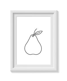 a black and white drawing of a pear with a leaf on it's head