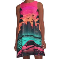 Loose-fit, mid-length sleeveless dress with silky handfeel. Printed on both sides. Machine washable. Size range XS-2XL. This is a miami-vice inspired super car design with a city, palm trees, and neon glows abounding. Transport yourself back to the best decade of the 1900s with this super emotive, retro scene. Dresses 1980s, Scene Dress, Miami Vice, Super Car, Neon Glow, 1980s Fashion, 80s Dress, Woven Dress, Dress For Sale