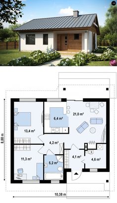 the floor plan for a small house with an open concept and two bedroom, one living area